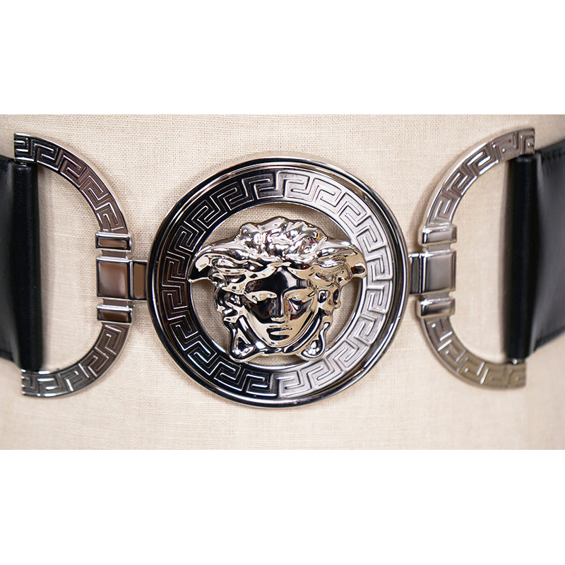 sz XS/L/XL NEW $850 VERSACE Black Leather Elastic LARGE MEDUSA BUCKLE Wide '95 BELT