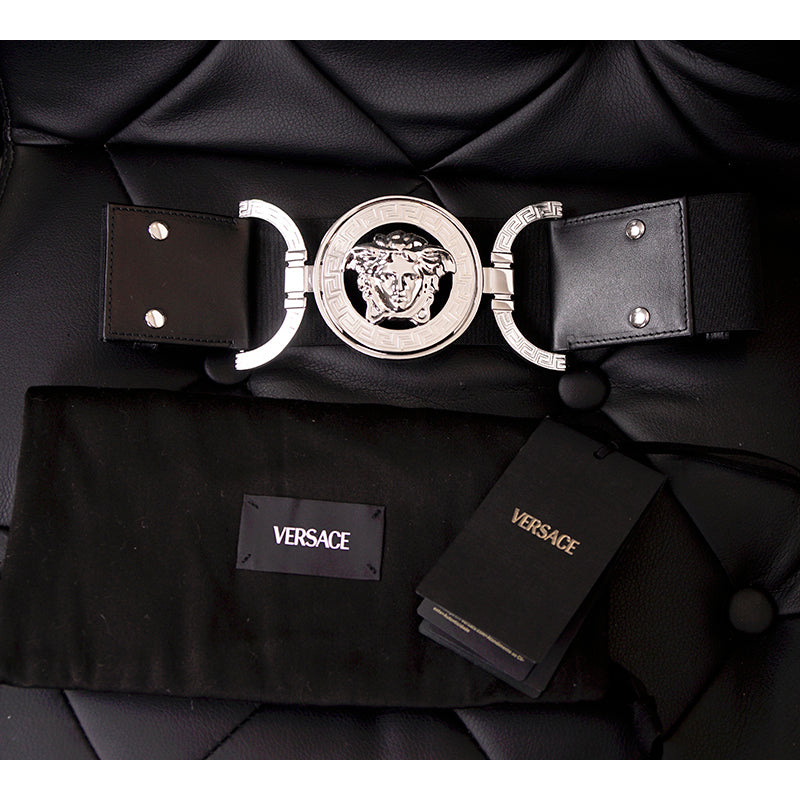 sz XS/L/XL NEW $850 VERSACE Black Leather Elastic LARGE MEDUSA BUCKLE Wide '95 BELT