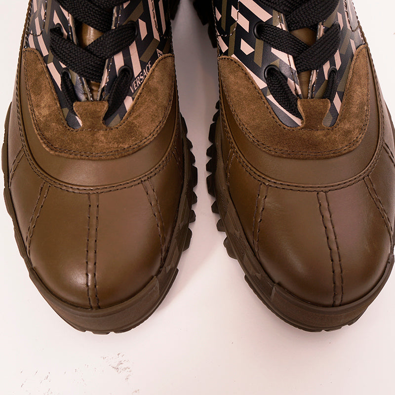 44 US 11 NEW $1125 VERSACE Men's GRECA Rhegis Coated Canvas & Leather DUCK BOOTS