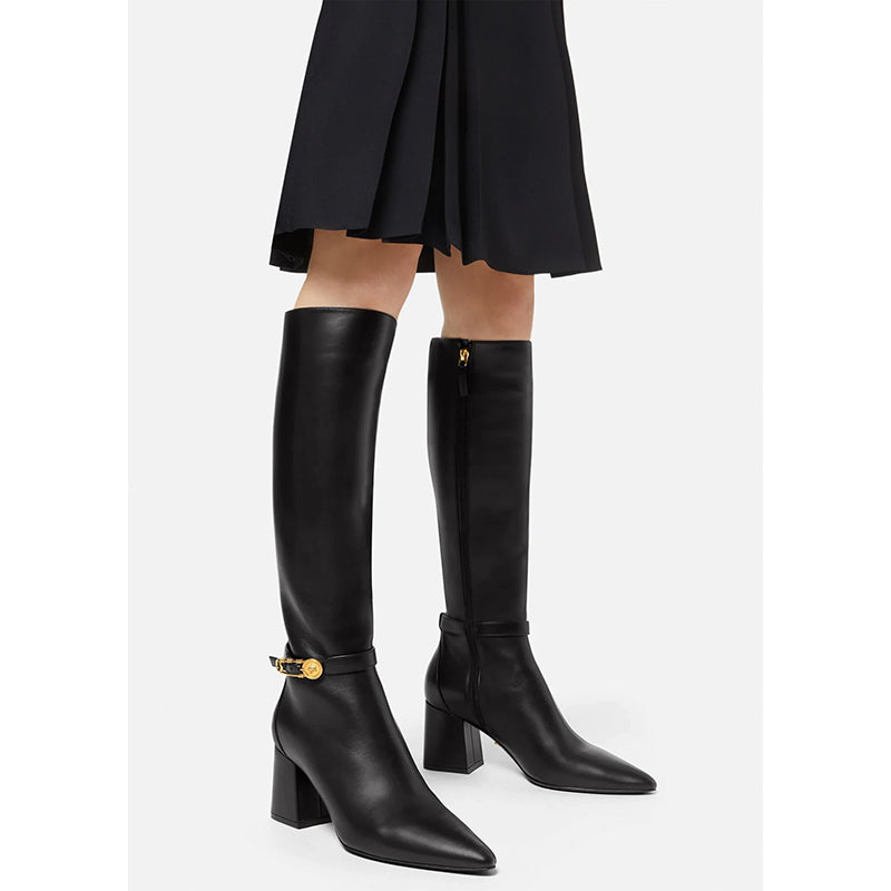38 NEW $1,825 VERSACE Black Leather LOGO SAFETY PIN Knee High Point Toe BOOTS 9