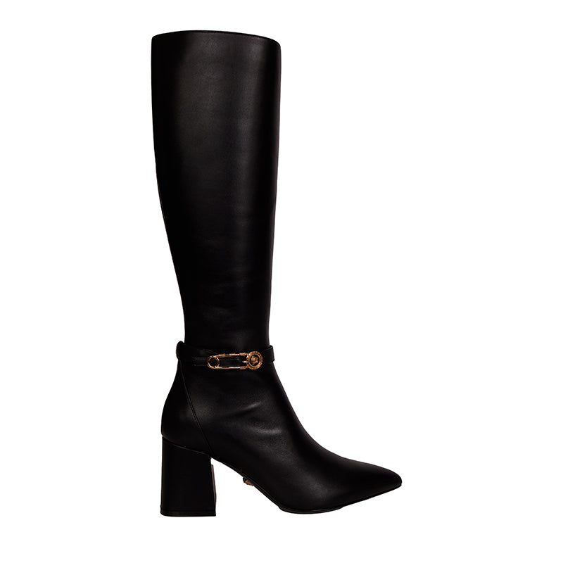 38 NEW $1,825 VERSACE Black Leather LOGO SAFETY PIN Knee High Point Toe BOOTS 9