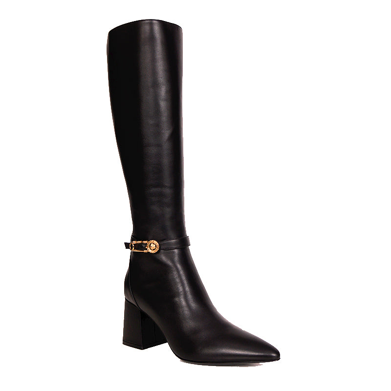 38 NEW $1,825 VERSACE Black Leather LOGO SAFETY PIN Knee High Point Toe BOOTS 9