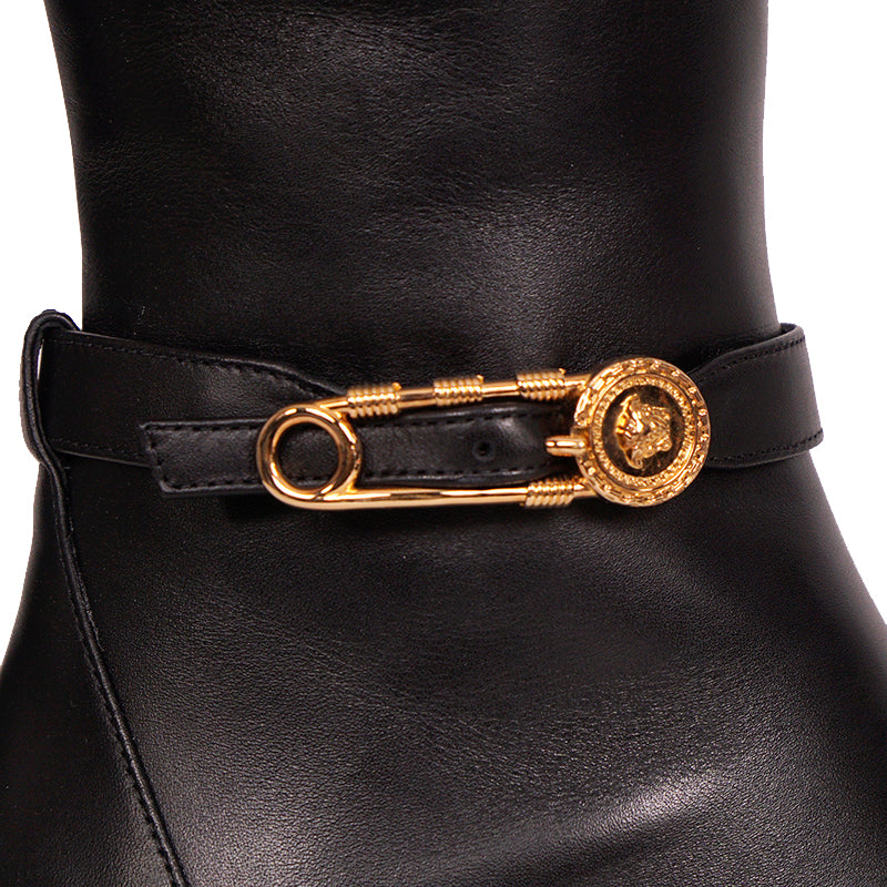 38 NEW $1,825 VERSACE Black Leather LOGO SAFETY PIN Knee High Point Toe BOOTS 9