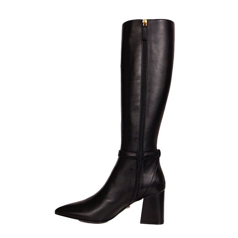 38 NEW $1,825 VERSACE Black Leather LOGO SAFETY PIN Knee High Point Toe BOOTS 9