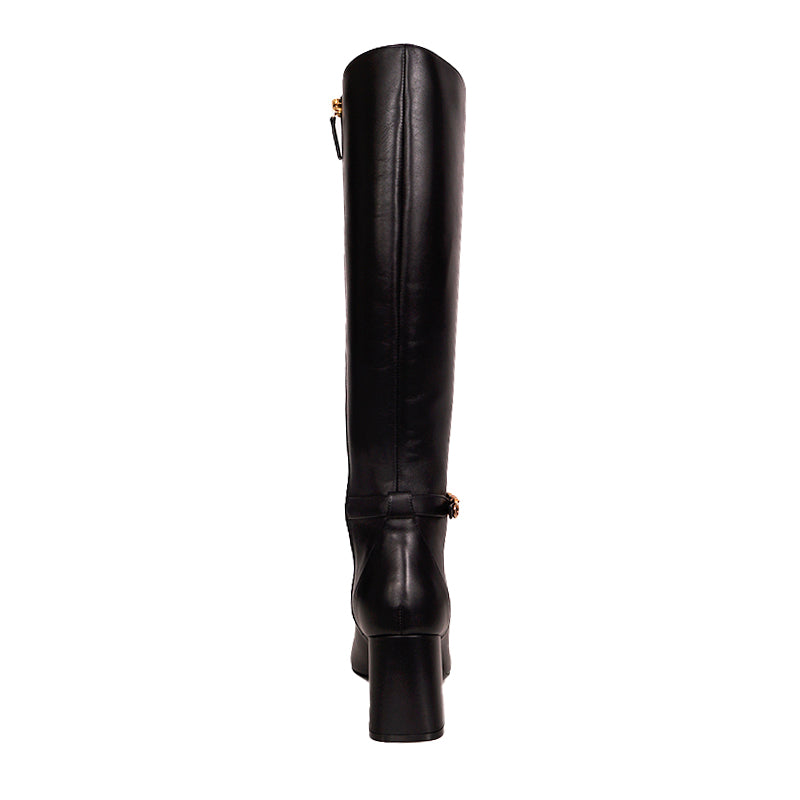 38 NEW $1,825 VERSACE Black Leather LOGO SAFETY PIN Knee High Point Toe BOOTS 9