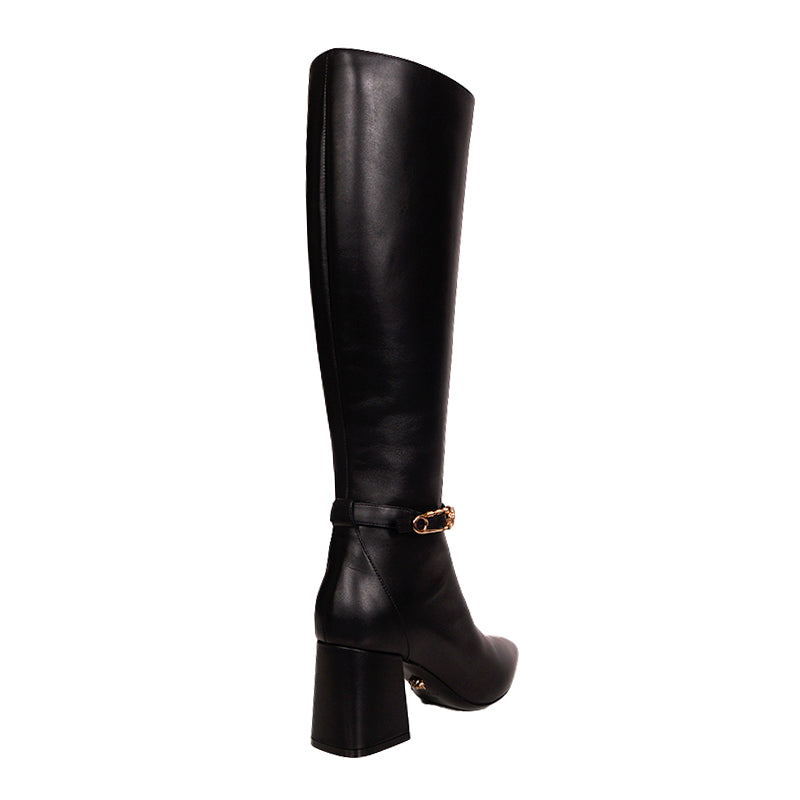 38 NEW $1,825 VERSACE Black Leather LOGO SAFETY PIN Knee High Point Toe BOOTS 9