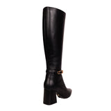 38/39 NEW $1,825 VERSACE Black Leather LOGO SAFETY PIN Knee High Point Toe BOOTS 9