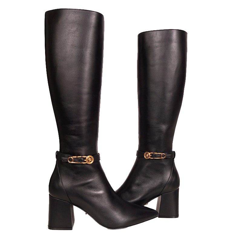 38 NEW $1,825 VERSACE Black Leather LOGO SAFETY PIN Knee High Point Toe BOOTS 9