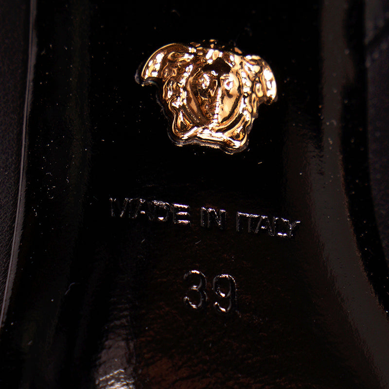 38 NEW $1,825 VERSACE Black Leather LOGO SAFETY PIN Knee High Point Toe BOOTS 9