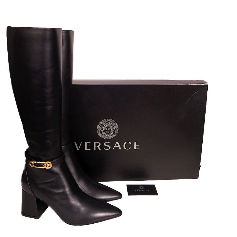 38 NEW $1,825 VERSACE Black Leather LOGO SAFETY PIN Knee High Point Toe BOOTS 9