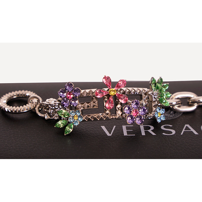 NEW $1,125 VERSACE Silver Tone Brass GRECA Logo CRYSTAL FLOWER BLOOM BRACELET