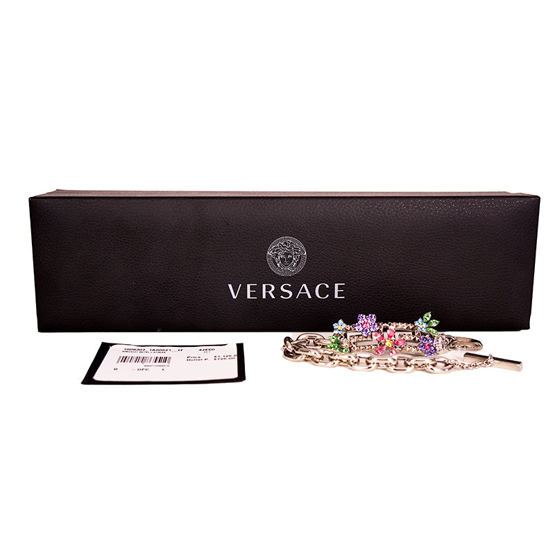 NEW $1,125 VERSACE Silver Tone Brass GRECA Logo CRYSTAL FLOWER BLOOM BRACELET