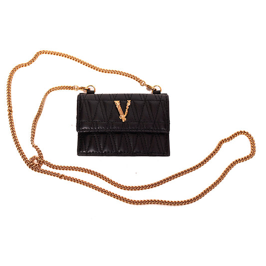 NEW $550 VERSACE Black Leather VIRTUS V LOGO Card CASE WALLET w/ CHAIN STRAP NIB