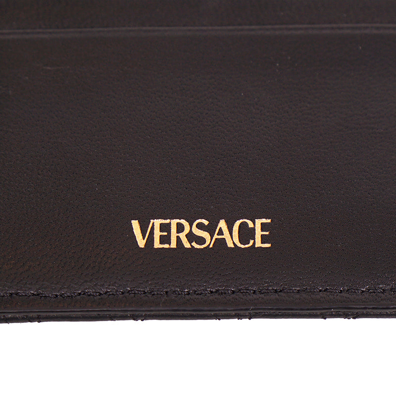 NEW $550 VERSACE Black Leather VIRTUS V LOGO Card CASE WALLET w/ CHAIN STRAP NIB