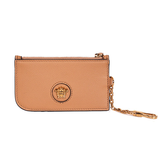 NEW $400 VERSACE Tan Leather GOLD LA MEDUSA LOGO Card CASE WALLET w/ KEY CHAIN
