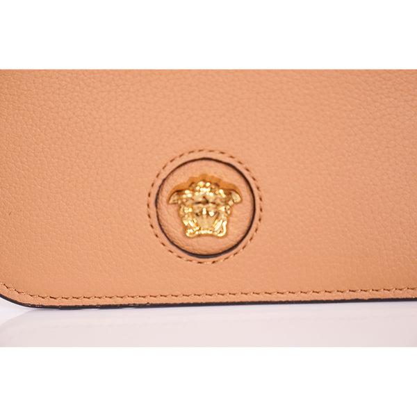 NEW $400 VERSACE Tan Leather GOLD LA MEDUSA LOGO Card CASE WALLET w/ KEY CHAIN