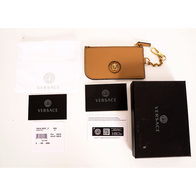NEW $400 VERSACE Tan Leather GOLD LA MEDUSA LOGO Card CASE WALLET w/ KEY CHAIN