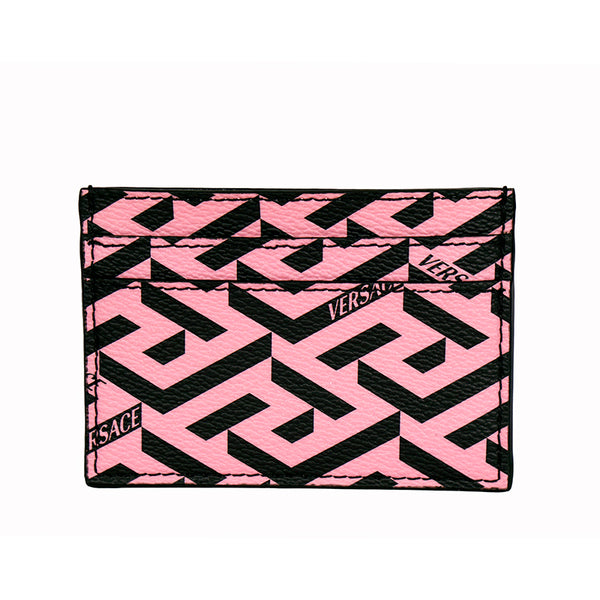 NEW $350 VERSACE Candy Pink & Black LA GRECA & Leather Credit CARD CASE WALLET
