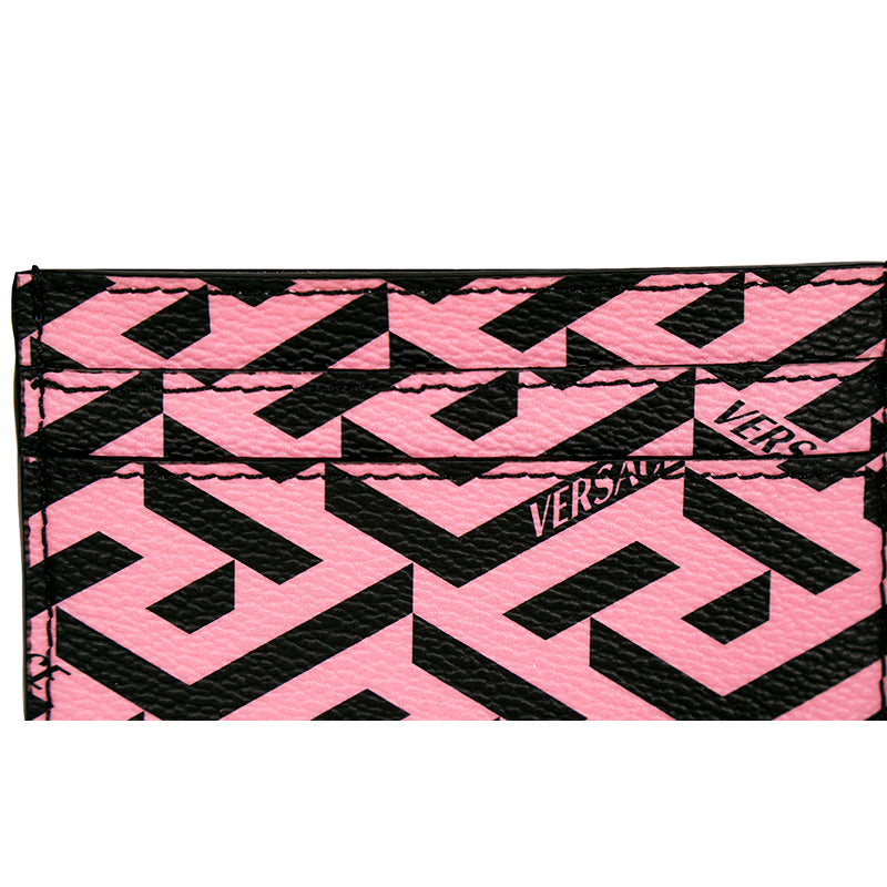 NEW $350 VERSACE Candy Pink & Black LA GRECA & Leather Credit CARD CASE WALLET