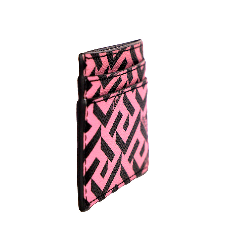 NEW $350 VERSACE Candy Pink & Black LA GRECA & Leather Credit CARD CASE WALLET