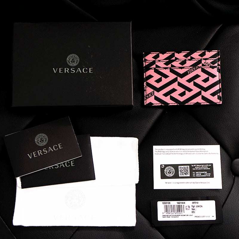 NEW $350 VERSACE Candy Pink & Black LA GRECA & Leather Credit CARD CASE WALLET