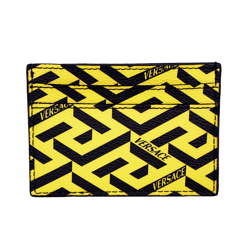 NEW $350 VERSACE Pineapple Yellow Black LA GRECA Leather Credit CARD CASE WALLET