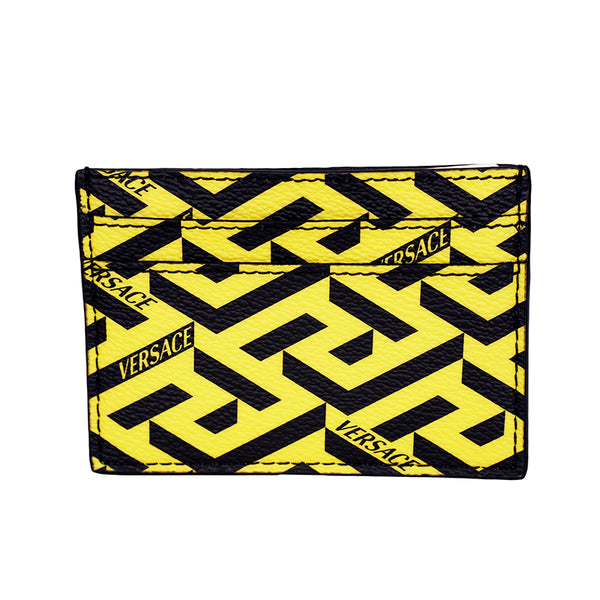 NEW $350 VERSACE Pineapple Yellow Black LA GRECA Leather Credit CARD CASE WALLET