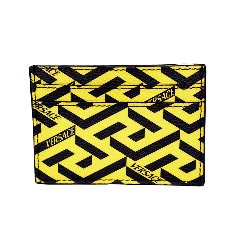 NEW $350 VERSACE Pineapple Yellow Black LA GRECA Leather Credit CARD CASE WALLET