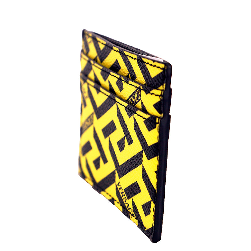 NEW $350 VERSACE Pineapple Yellow Black LA GRECA Leather Credit CARD CASE WALLET