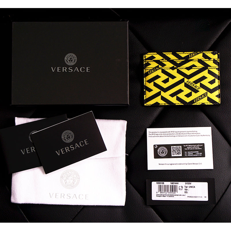 NEW $350 VERSACE Pineapple Yellow Black LA GRECA Leather Credit CARD CASE WALLET