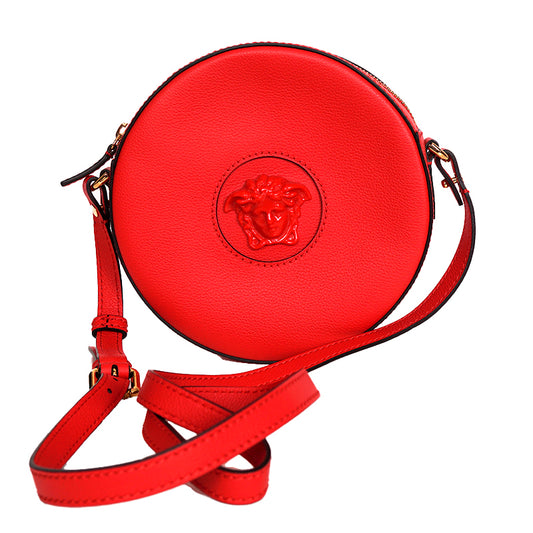 NEW $1295 VERSACE RUNWAY Red Grainy Leather LA MEDUSA HEAD LOGO Disco Round BAG