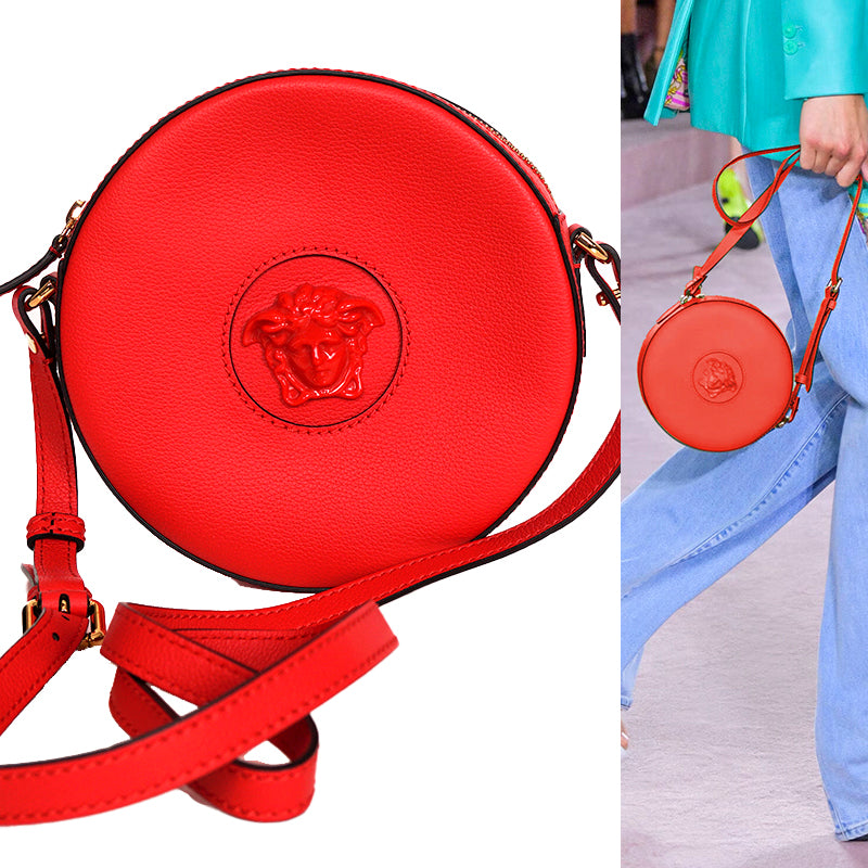 NEW $1295 VERSACE RUNWAY Red Grainy Leather LA MEDUSA HEAD LOGO Disco Round BAG