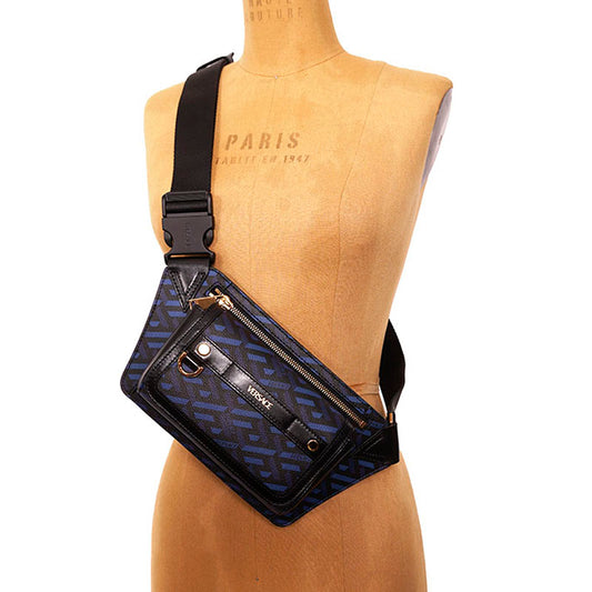 NEW $1,095 VERSACE Blue & Black LA GRECA Signature Coated Canvas BELT SLING BAG
