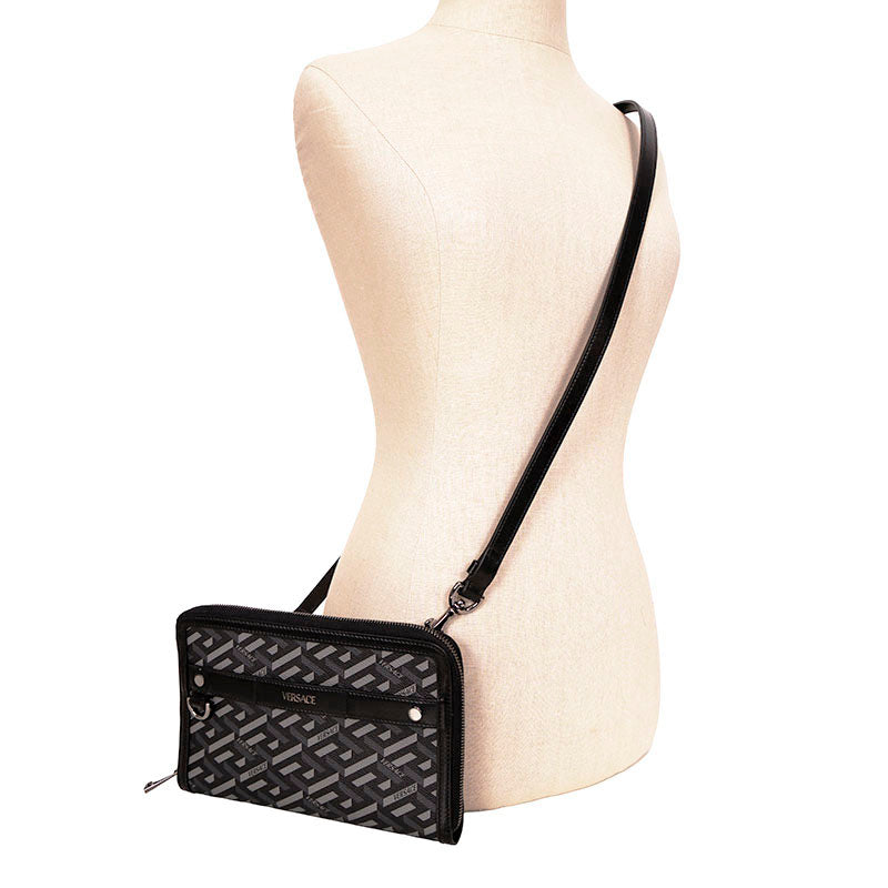 NEW $1415 VERSACE Black Gray LA GRECA Coated Canvas BAG w/ STRAP & 2 POUCHES SET