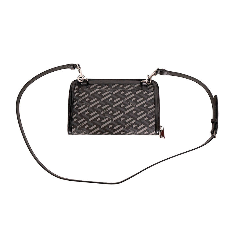 NEW $1415 VERSACE Black Gray LA GRECA Coated Canvas BAG w/ STRAP & 2 POUCHES SET