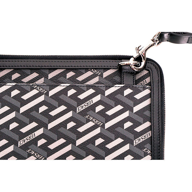 NEW $1415 VERSACE Black Gray LA GRECA Coated Canvas BAG w/ STRAP & 2 POUCHES SET