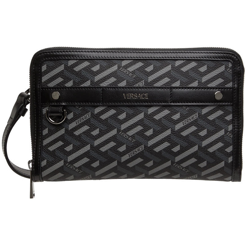 NEW $1415 VERSACE Black Gray LA GRECA Coated Canvas BAG w/ STRAP & 2 POUCHES SET
