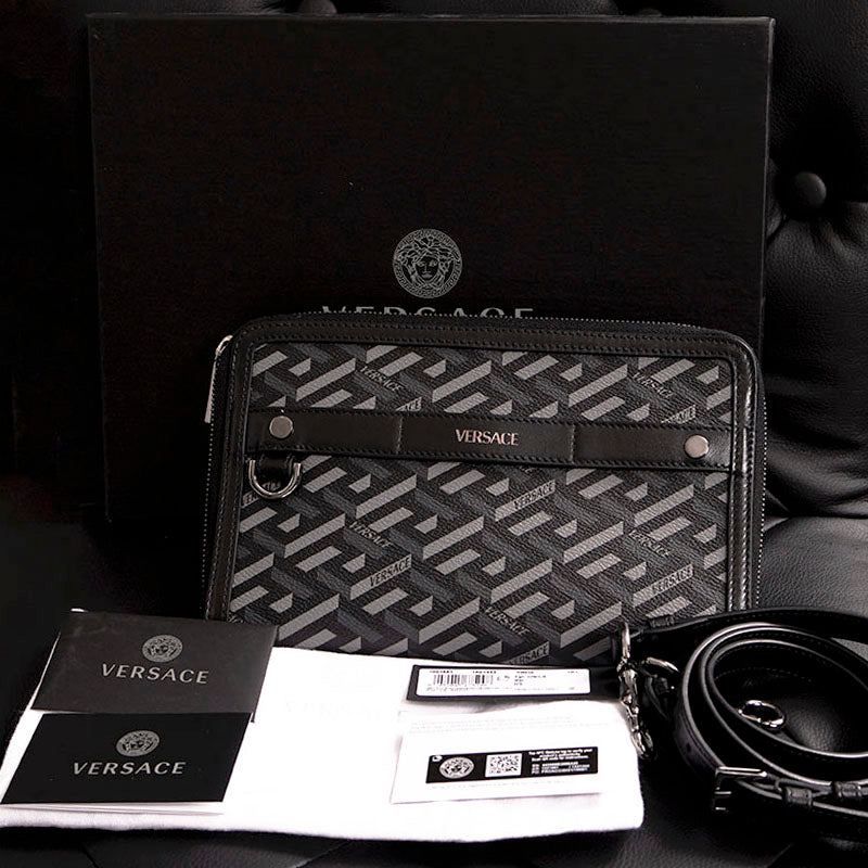 NEW $1415 VERSACE Black Gray LA GRECA Coated Canvas BAG w/ STRAP & 2 POUCHES SET