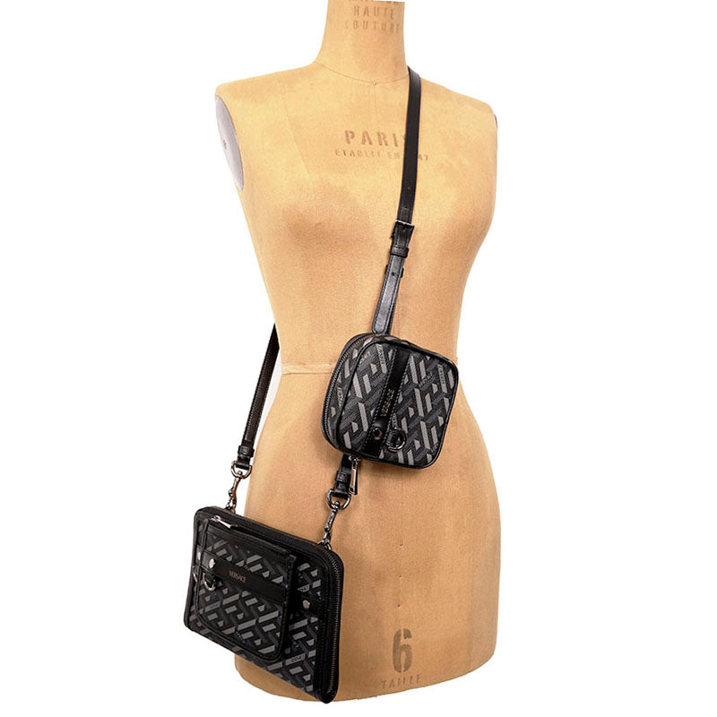 NEW $1415 VERSACE Black Gray LA GRECA Coated Canvas BAG w/ STRAP & 2 POUCHES SET
