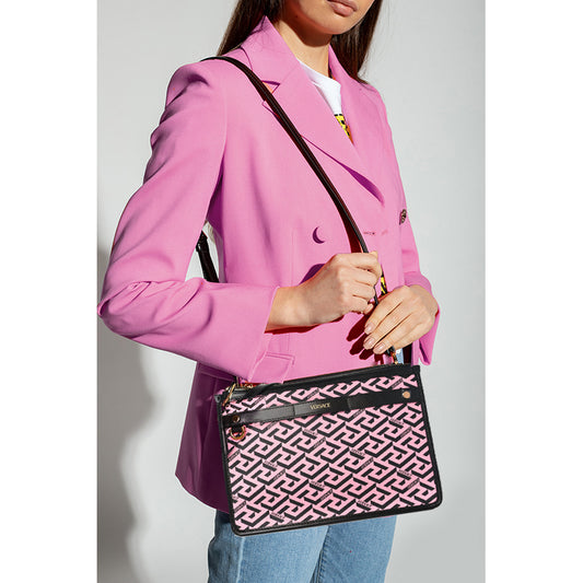 NEW $1,190 VERSACE Pink & Black LA GRECA Signature MEDIUM Pouch CROSSBODY BAG
