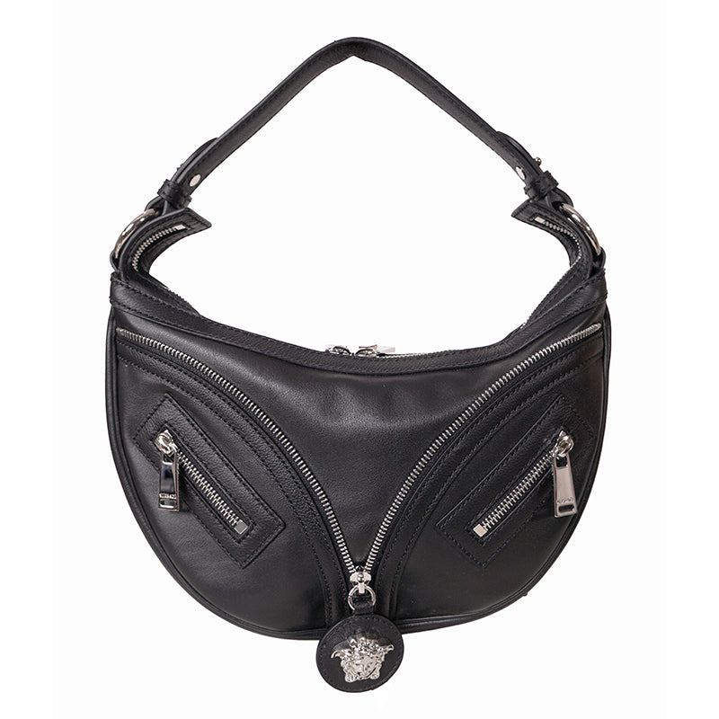 NEW VERSACE $1650 Black Leather RUNWAY REPEAT MINI HOBO BAG & CROSSBODY TRAP NWT