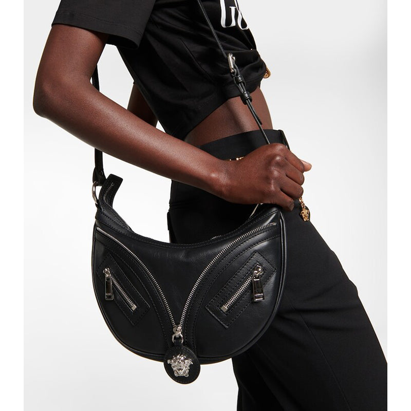 NEW VERSACE $1650 Black Leather RUNWAY REPEAT MINI HOBO BAG & CROSSBODY TRAP NWT