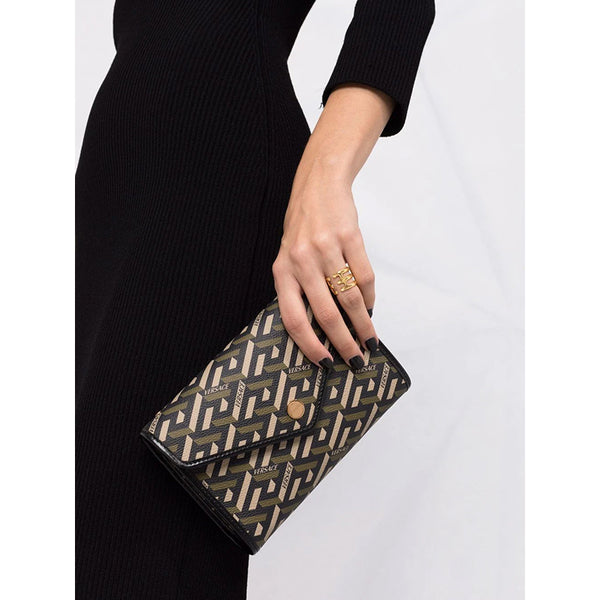 NEW $775 VERSACE Coated Canvas Green LA GRECA Small Crossbody Envelope BAG NWT