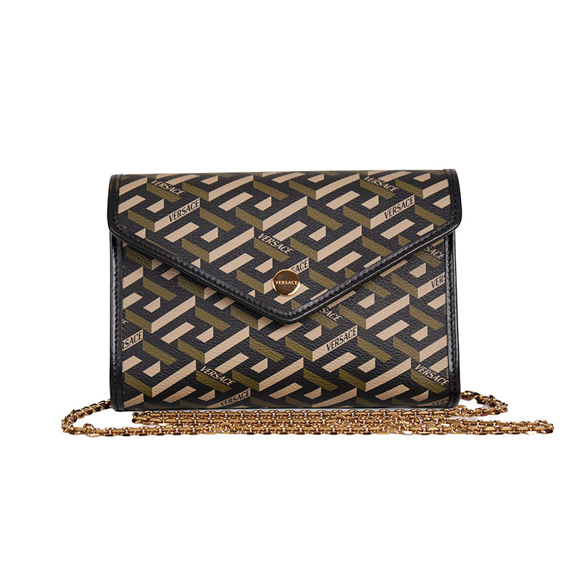 NEW $775 VERSACE Coated Canvas Green LA GRECA Small Crossbody Envelope BAG NWT
