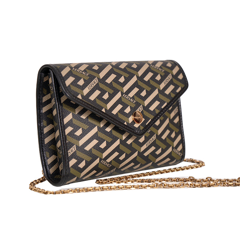 NEW $775 VERSACE Coated Canvas Green LA GRECA Small Crossbody Envelope BAG NWT