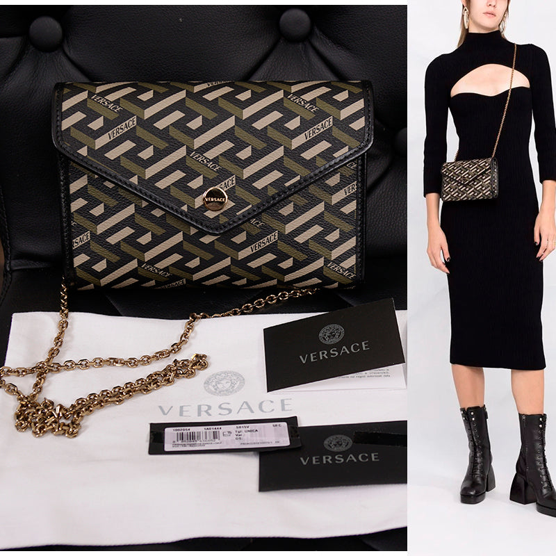 NEW $775 VERSACE Coated Canvas Green LA GRECA Small Crossbody Envelope BAG NWT
