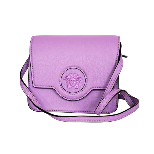NEW $1550 VERSACE Lilac Purple Leather LA MEDUSA LOGO Crossbody SMALL FLAP BAG