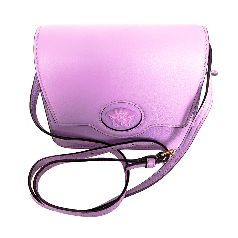 NEW $1550 VERSACE Lilac Purple Leather LA MEDUSA LOGO Crossbody SMALL FLAP BAG