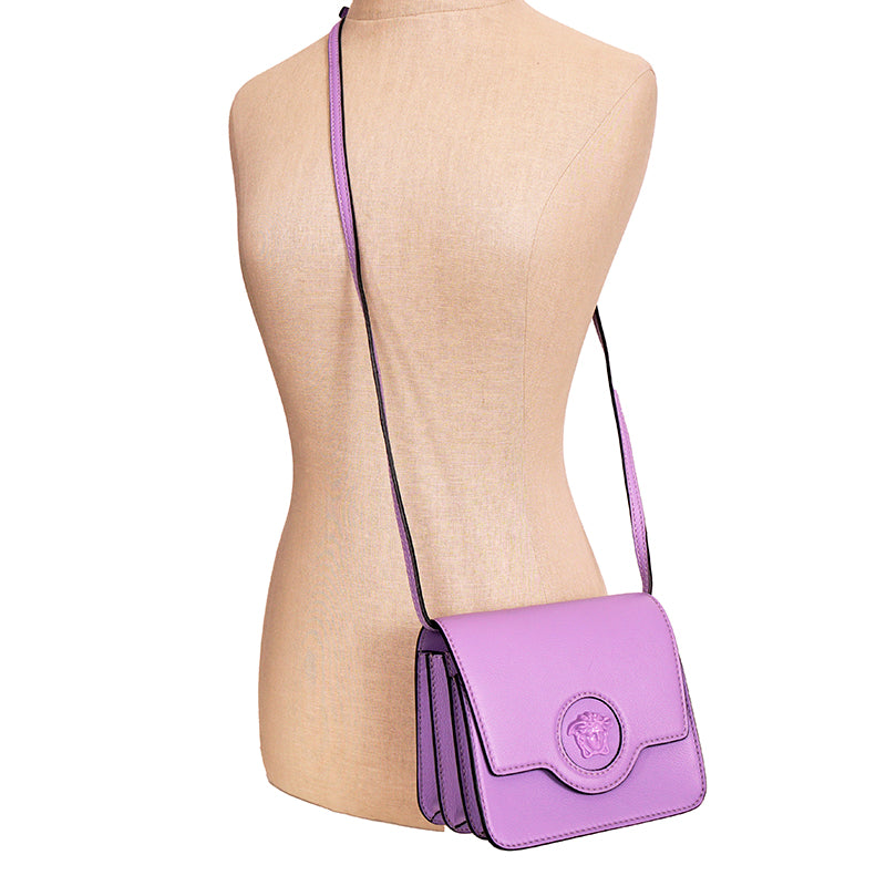 NEW $1550 VERSACE Lilac Purple Leather LA MEDUSA LOGO Crossbody SMALL FLAP BAG