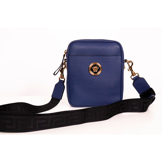 NEW $1,400 VERSACE Men Blue Leather GOLD MEDUSA LOGO Crossbody GRECA STRAP BAG